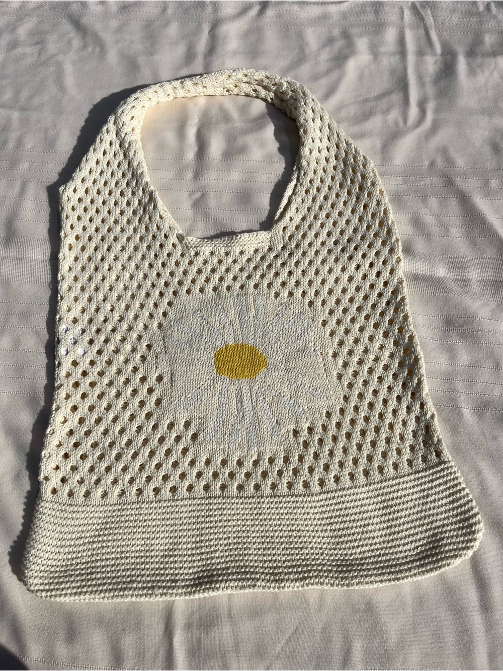 Y2K Boho Hobo Crochet Cream Knit Daisy Tote Bag - Picture 2 of 12